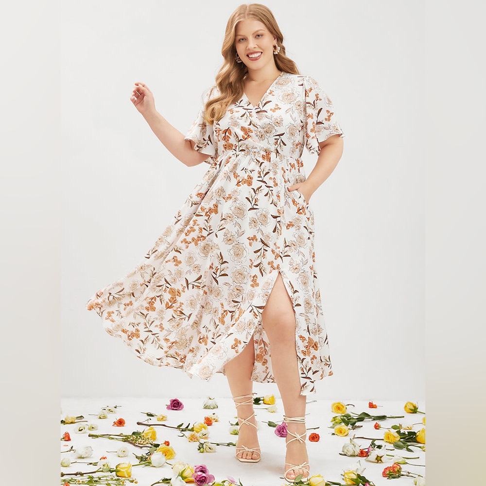 Floral Surplice Neck Pocket Flutter Split Hem Dress